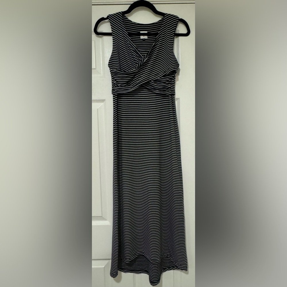 EUC CABI Navy Striped Crossover Jersey Stretch Launch Midi Dress 5610 XSmall